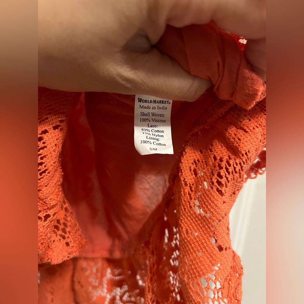 Cost Plus World Market Orange Lace Boho Tunic Top S/M Crochet Sheer Festival - Picture 7 of 10